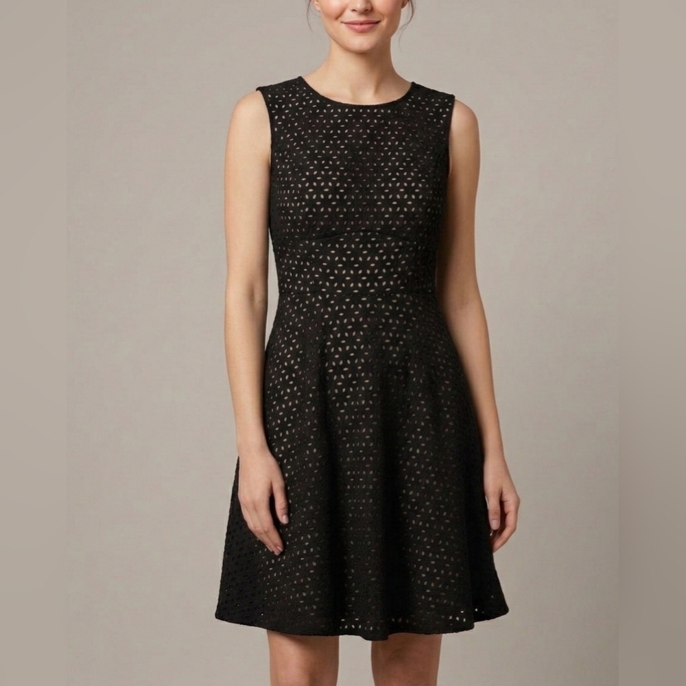 LOFT Eyelet Fit &Flare Mini Dress Black Beige Lining 4 Boho Chic Preppy Cocktail